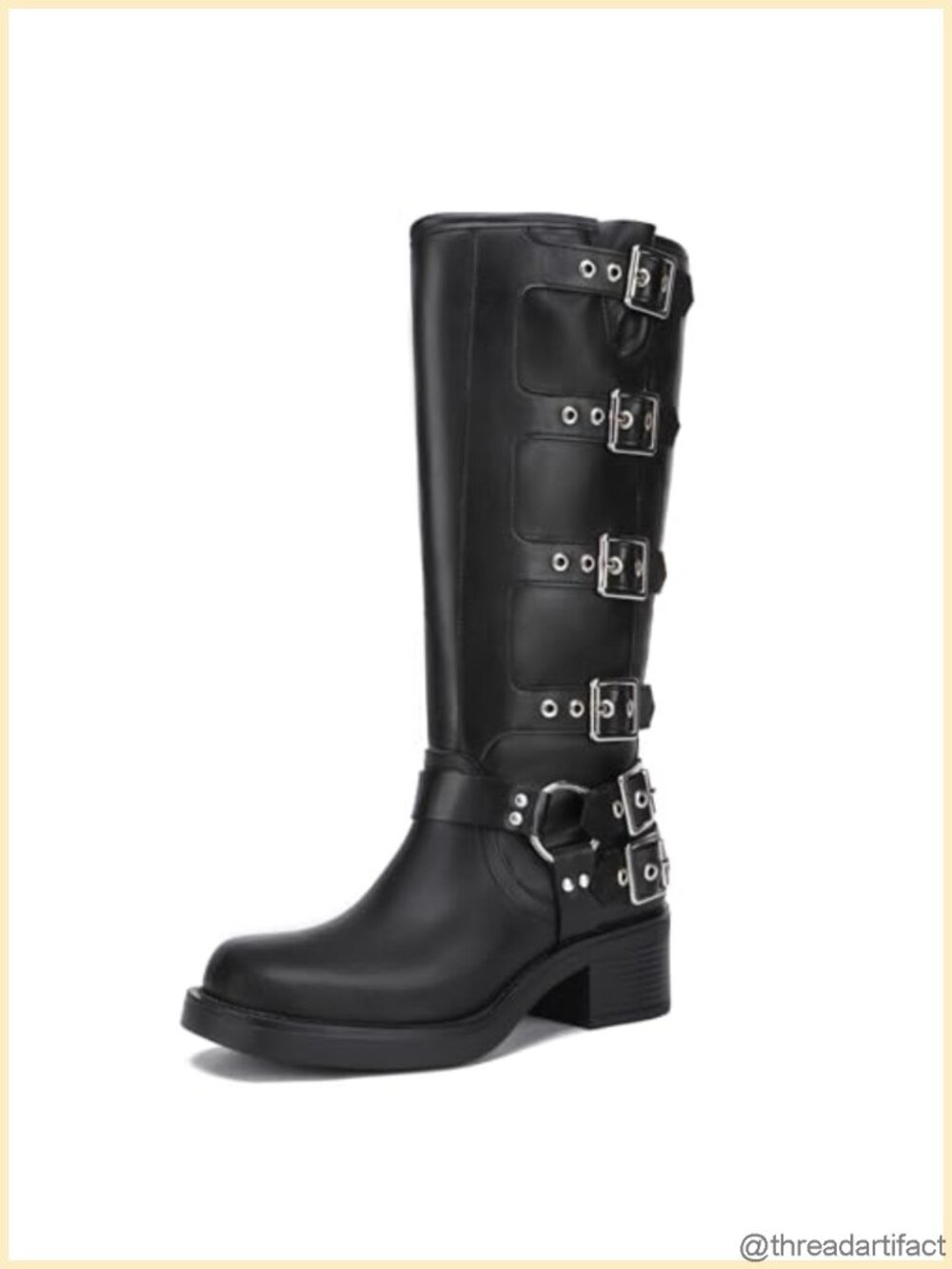 Knee High Riding Boots Faux Leather Chunky Block Heel Biker Boots